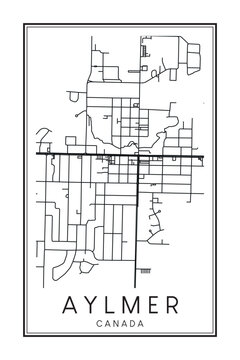 Hand drawn printable downtown road map poster of the Canadian town of AYLMER on solid white background with town name
