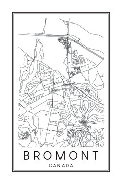 Hand drawn printable downtown road map poster of the Canadian town of BROMONT on solid white background with town name