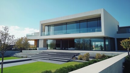 Poster - Glorious modern luxury house stands out with its sleek lines and expansive glass windows, surrounded by lush greenery under a bright blue sky. A perfect blend of sophistication and comfort