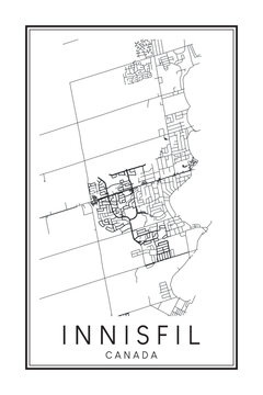 Hand drawn printable downtown road map poster of the Canadian town of INNISFIL on solid white background with town name