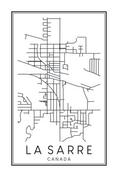 Hand drawn printable downtown road map poster of the Canadian town of LA SARRE on solid white background with town name