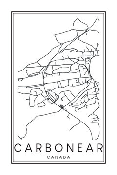 Hand drawn printable downtown road map poster of the Canadian town of CARBONEAR on solid white background with town name