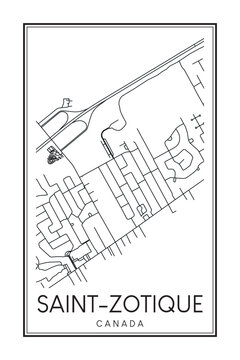 Hand drawn printable downtown road map poster of the Canadian town of SAINT-ZOTIQUE on solid white background with town name