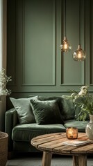 Poster - A stylish living room features a plush green sofa adorned with cushions, illuminated by hanging glass lights. A rustic wooden table complements the lush decor with a delicate floral arrangement