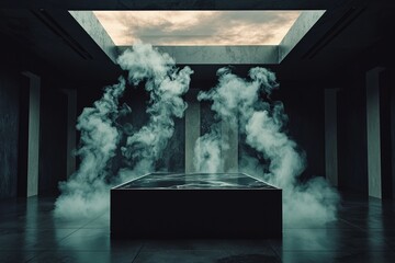 Poster - In a vast dark hall, an illuminated tunnel entrance is visible, with lighting fixtures on the top and wall, and a copyspace area for presentation, all presented in a 3D rendered mockup