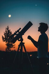 Poster - A person holding a telescope near a tripod