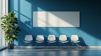 Poster - Bright and airy waiting room featuring a serene blue color scheme, sleek chairs aligned in perfect symmetry, and sunlight casting shadows through a large window