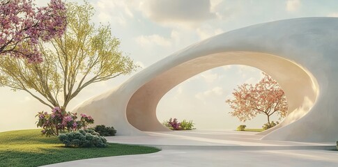 Poster - A 3D rendering shows a futuristic concrete architectural design that includes a car park and a bare cement floor