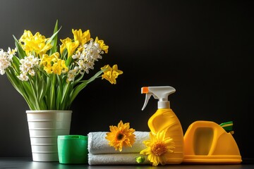 Poster - A bouquet of flowers sits next to a bottle of cleaning product, ideal for use in lifestyle or still life photography