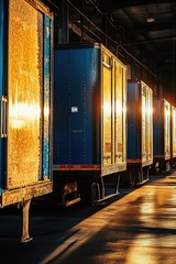Poster - A row of semi-trucks parked in a large warehouse, providing a glimpse into the logistics and transportation industry