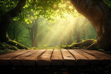 Wall Mural - Tranquil forest scene featuring a wooden platform surrounded by lush greenery and soft sunlight filtering through the trees.