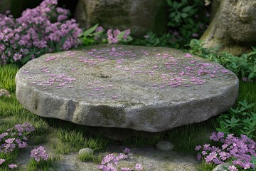 Wall Mural - A weathered stone table adorned with pink flowers, set in a lush green garden, creating a serene and tranquil atmosphere.