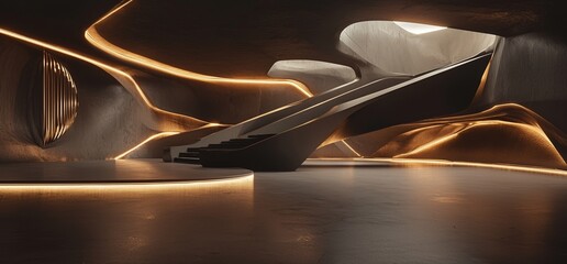 Poster - The depiction of a sci-fi alien spaceship in a realistic underground setting, featuring a tunnel corridor made of concrete, cement, and asphalt, similar to a hangar or garage, and designed like a