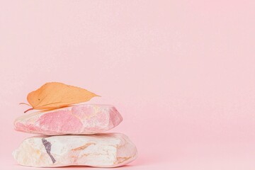 Poster - Cosmetic products are displayed on a mock-up stone podium adorned with dry leaves