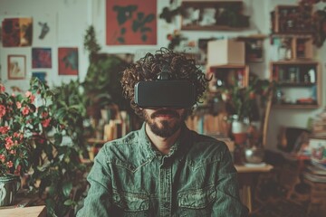 Poster - Wearing virtual reality glasses, a happy businessman sits at his office desk with a robotic arm also on the desk
