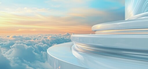 Poster - The background features a surreal, minimalist white architecture with geometric shapes, combined with an abstract and fantastic design, set in a futuristic panoramic landscape with copy space, blue
