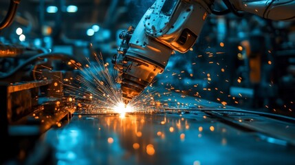 Poster - close up view of a robotic arm welding metal, sparks flying, industrial setting, dark background, br