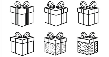 
Black and white gift box with bow vector design. Gift box with ribbon and bow black line art. Christmas day gift box with bow black and white line art vector