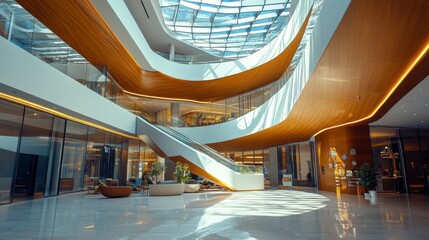 Poster - Bright and airy office space featuring elegant wooden accents, large windows, and open layouts that invite creativity and collaboration. Ideal for innovative work environments
