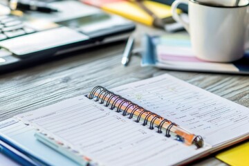 Poster - A desk setup with a notebook, pen, and cup of coffee, suitable for working or studying