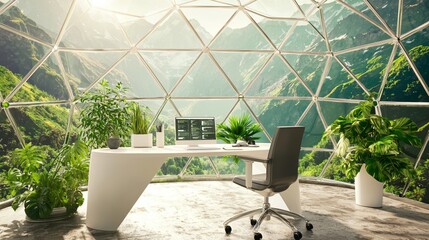 Poster - The office features a white, futuristic bureau, equipped with cutting-edge smart technologies and an abundance of green plants