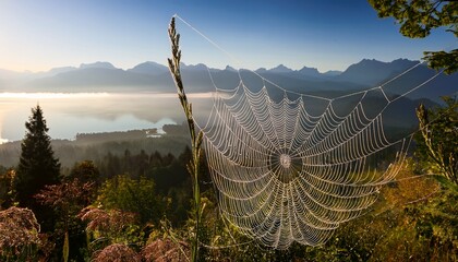 intricate spider s web adorned with dew in foreground overlooking lake chiemsee and bavarian alps