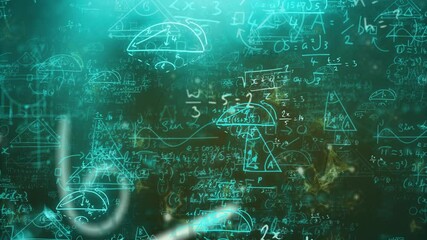 Poster - Glowing geometric shapes and mathematical equations on dark background in animation