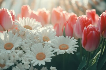 Poster - Vibrant Floral Arrangement with Pink Tulips and White Daisies Bathed in Soft Light for Springtime Decoration and Events