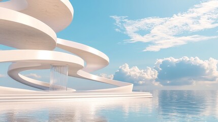 Poster - Futuristic architecture featuring abstract wavy patterns is showcased in a 3D render with a concrete floor