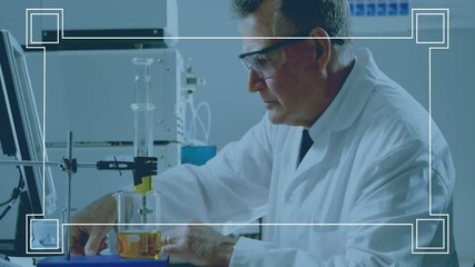 Poster - Conducting experiment, scientist in laboratory with glass equipment and protective eyewear
