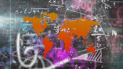 Poster - World map with orange overlay and mathematical equations in colorful animation
