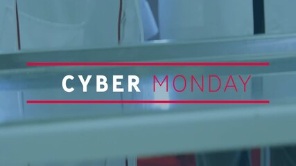 Poster - Cyber Monday text animation over people in lab coats using devices