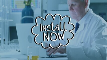 Poster - In school, elderly scientist using laptop with animation of Install Now text