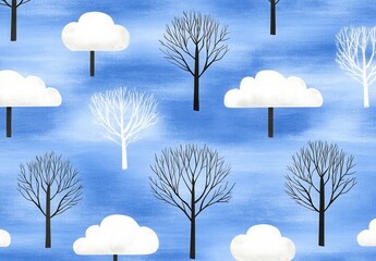 Poster - Stylized illustration of winter trees and clouds against a blue watercolor background. Simple shapes and colors create a serene winter scene.