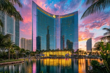 Poster - Dramatic cityscape at sundown with sleek skyscrapers and a vibrant atmosphere, offering a blank space for incorporating text, images, or other graphics