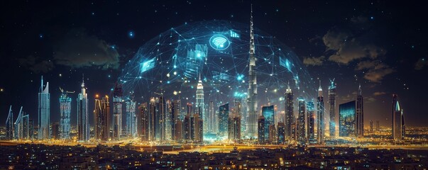 Poster - Digital network and connections in a futuristic urban landscape