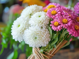Poster - Vibrant Floral Bouquet with White Chrysanthemums and Pink Zinnias on a Rustic Table Surrounded by Green Leaves and Soft Natural Light