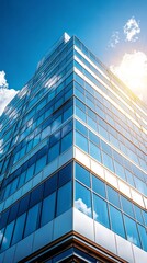 Poster - A sleek and contemporary business structure stands tall against a brilliant blue sky, its glass facade sparkling in the sunlight