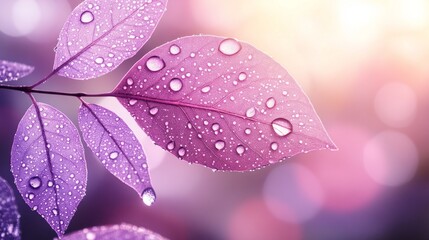 Poster - A captivating close-up reveals a lush purple leaf, glistening with droplets that reflect the soft, warm light of a serene environment. Nature's artistry showcased elegantly