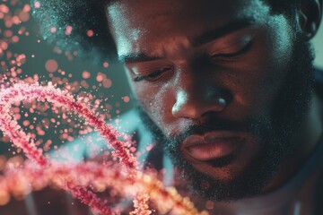 Poster - in a futuristic laboratory, a scientist of african american descent inspects a floating digital repr