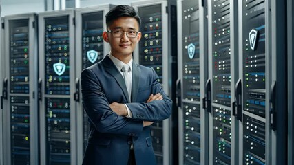 Poster - An IT professional poses in a modern server room, demonstrating technical skills and a commitment to data management and security