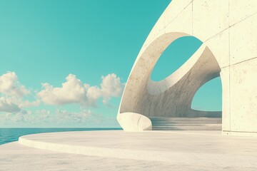 Poster - An empty space platform and conceptual wall are set against an abstract white background, made up of natural architecture stone in a 3D rendered image