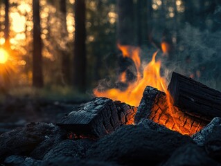 Poster - A campfire in the woods, with trees surrounding it