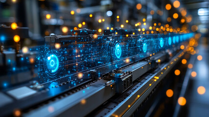 Poster - Futuristic Assembly Line with Glowing Blue Data Points