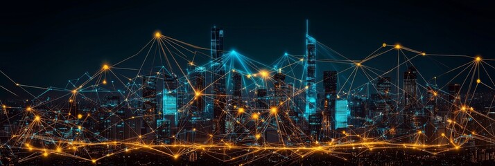 Poster - The city of the future boasts a landscape where buildings are connected by digital pathways, highlighting the role of integration technology in creating a network of digital lines for Smart city