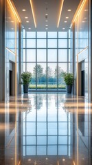 Poster - Bright and spacious entrance hall features polished floors reflecting the warm glow of recessed lighting. Lush greenery adds a touch of nature against the backdrop of large glass panels