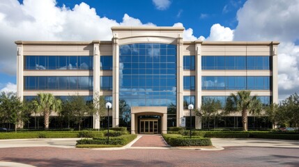 Poster - Large modern office building with a striking glass exterior sits amid well-maintained landscaping under a clear blue sky, inviting professionals to work in a dynamic environment
