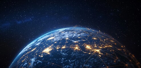 Poster - digital depiction of the earth surrounded by a network of glowing connections in a futuristic techno