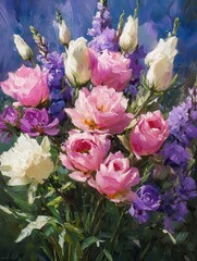 Poster - Vibrant Mix of Pink and White Roses with Purple Flowers in Lush Green Background Creates a Stunning Floral Arrangement in Soft Focus