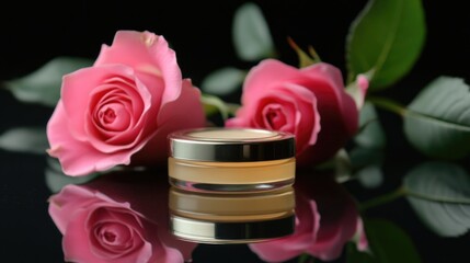 Poster - A close-up view of two pink roses next to a jar of cream, great for beauty or romance themes